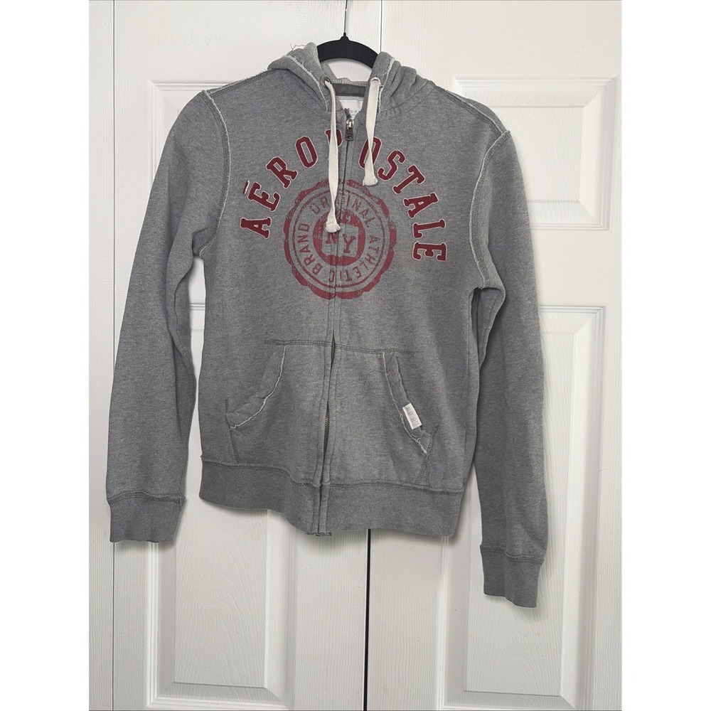 Aeropostale Full Zip Hoodie Womens Size XS Gray Graphic Y2K Vintage Cotton Blend